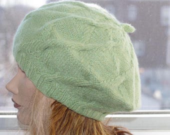 8 Ply Cashmere Green Thick Warm Cable Hand Knit Beret