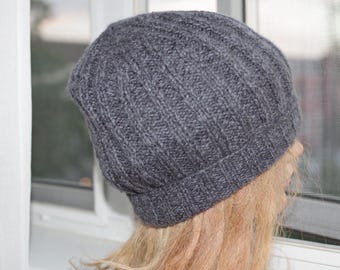 Choarcal Gray tweed Cashmere Ribbed Hand Knitted Chanky Slouchy Beanie Hat Large