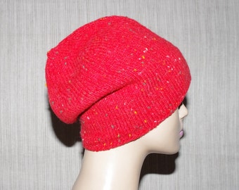 Wool,  Slouchy, Hand Knit,  Red with Dots (green,white,yellow)  Hat Size Large