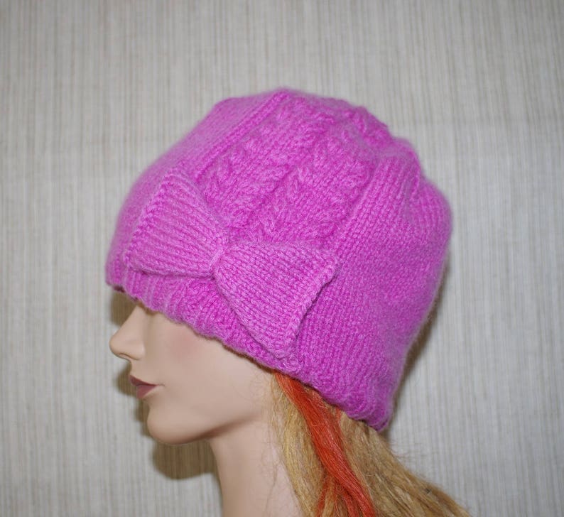 Pure 8 Ply Cashmere Pink Cable Hand Knit Hat with Bow