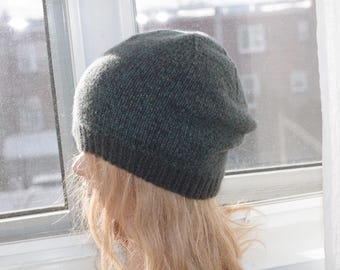 Green tweed 6 ply cashmere Thick hand knitted Beanie Hat