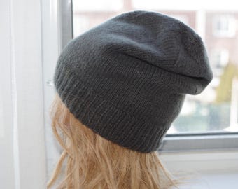 8 Ply Cashmere Green Gray Heavy Warm Thick Hand Knitted Beanie Hat