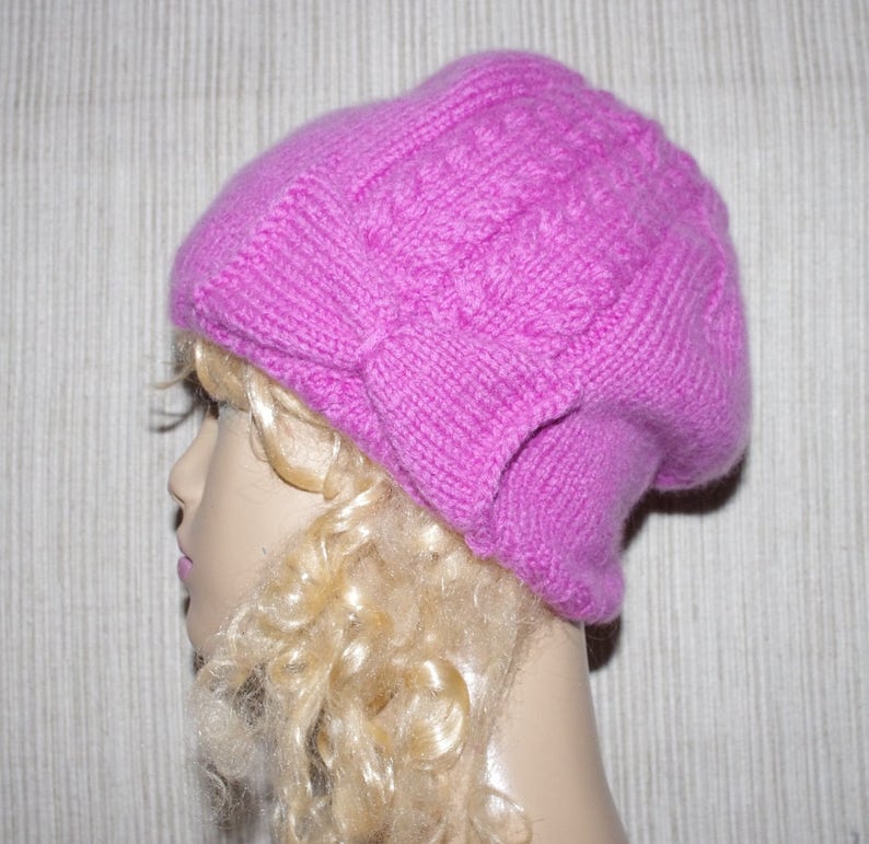 Pure 8 Ply Cashmere Pink Cable Hand Knit Hat with Bow