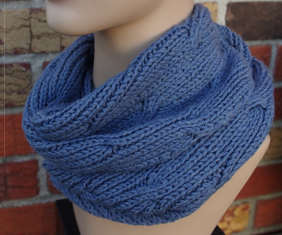 100% Italian Merino Wool, Blue, Soft Cable Hand Knit , Warm Cowl Infinity Scarf Unisex