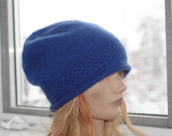 Cashmere 6 Ply Royal Blue Hand Knit Beanie Hat