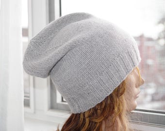 Silver Gray Cashmere Silk Blend Hand knitted Beanie Hat (from New York)