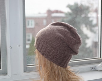 Taupe Brown Cashmere Hand Knitted Soft Warm Beanie Hat made in New York