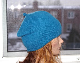 Teal Blue 6 Ply Cashmere Hand Knitted Thick Hat Cap Beret Made in NYC