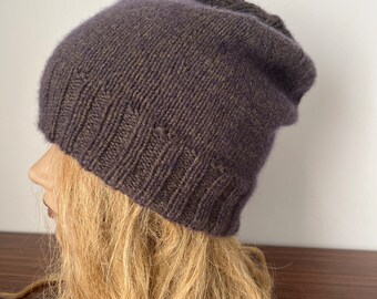 Cashmere tweed purple gray hand knit beanie hat