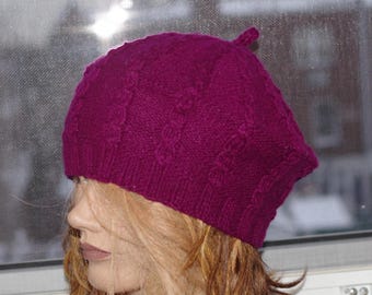 Cashmere Plum fuchsia Purple Hand Knitted Cap Hat