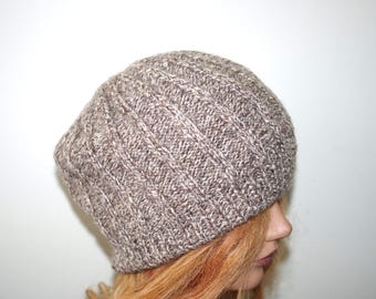 New Wool Brown Tweed Hand Knit Ribbed Hat Beanie Size :Small