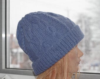 Blue 8 Ply Cashmere Cable Hand Lnit Beanie hat