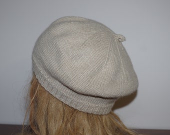 Beige Cashmere Hand Knit Beret Cap Hat