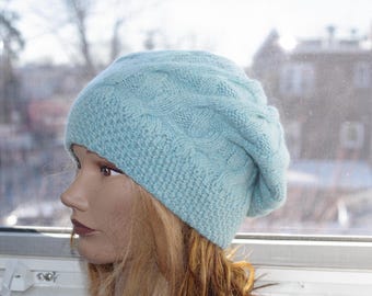 Peruvian baby Alpaca Blue Cable Hand Knit Peruvian Alpaca Slouchy  Hat Beret