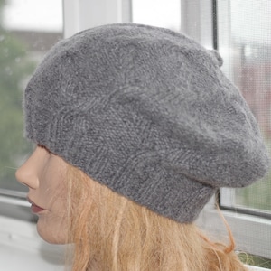 Gray Cashhmere Hand Cable knitted Beret