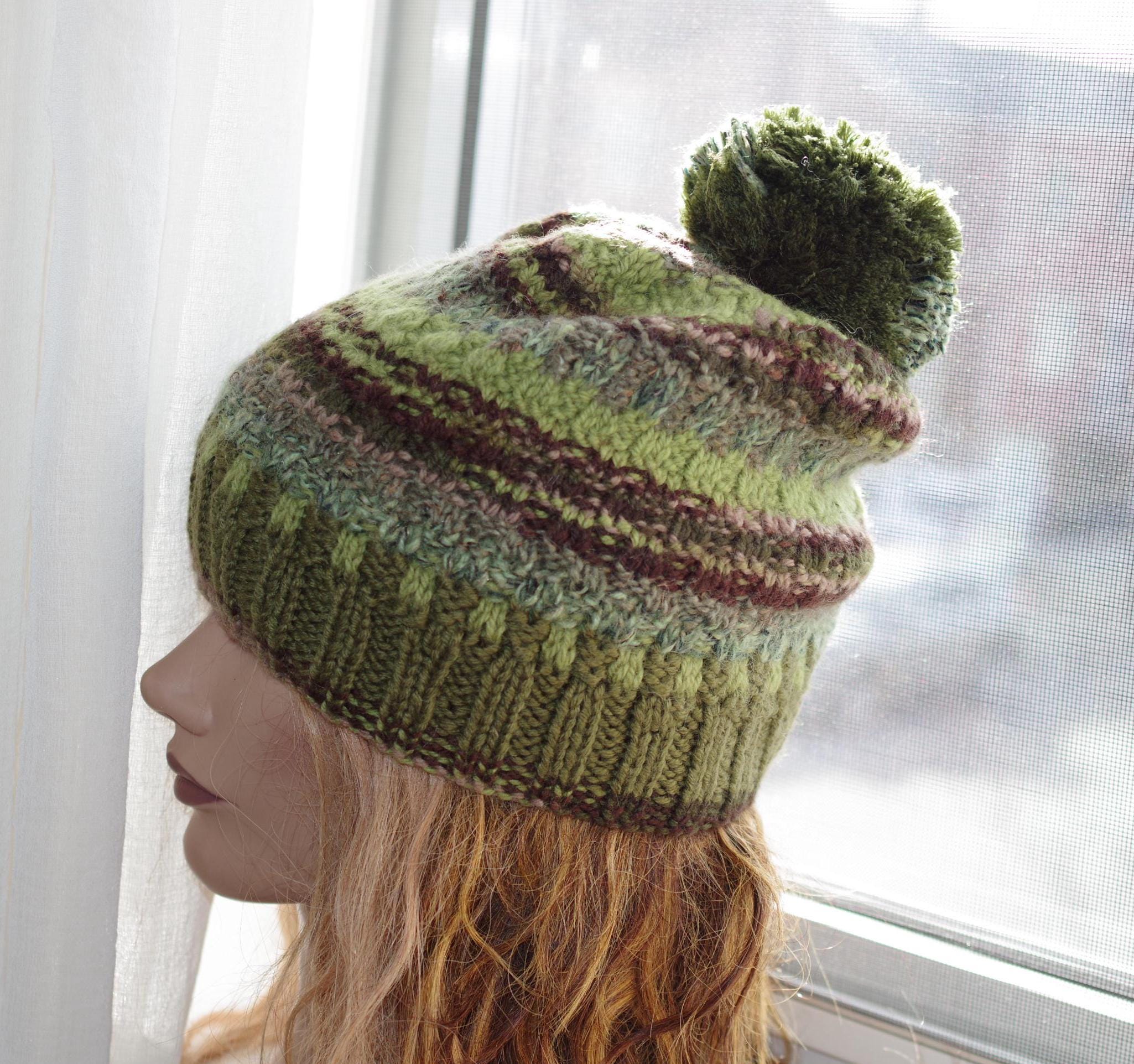 Striped Green and Brown HandKnit Women\'s Hat Thick Knit Striped Beanie main image 3