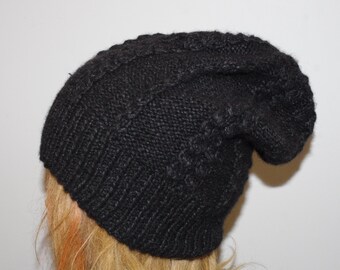 Charcoal  Black Alpaca Cable Hand Knit Beanie Hat