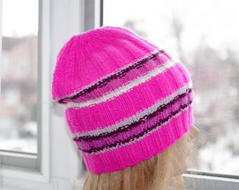 Hot Pink Cashmere Striped Hand Knitted Brigth Beanie Ski Hat Unisex