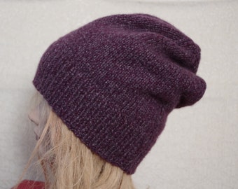 Cashmere Cotton Blend Burgundy Gray Tweed Hand Knit Thick Beanie Hat