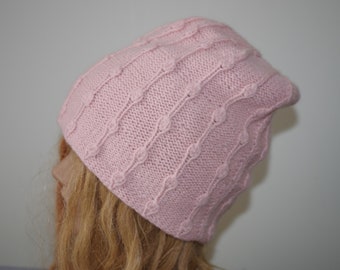 Gorra de sombrero tejida a mano rosa de cachemira pura