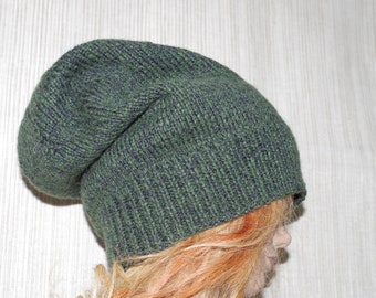 Cashmere Merino Wool Blend Green Gray Tweed Thick Hand Knitted Oversize Warm Heavy Beanie Hat Big Size