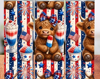 American Baby Highlands Cow 20 oz mager Tumbler sublimatie ontwerp, 4 juli digitale download PNG Instant Download naadloze Tumbler Wrap