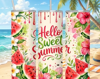 Hello Sweet Summer Tumbler Wrap, arbuzowy kwiatowy tropikalny wzór, smukły kubek 20 uncji z sublimacją, do pobrania w wersji cyfrowej