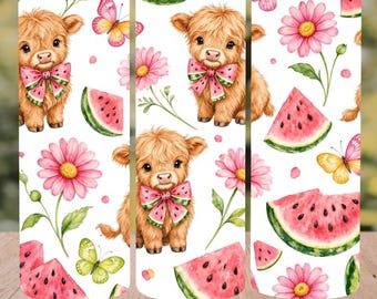 Opgeblazen watermeloen Highlands Cow Tumbler Wrap png, 20oz koe zomerfruit sublimatie png, watermeloen coquette ontwerp
