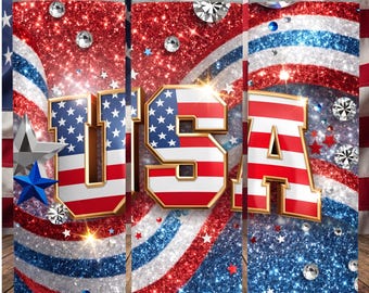 USA Flag Glitter Tumbler Wrap PNG, 4th of July Sublimation Design (Digital Download)