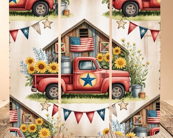 250-jarig jubileum VS Tumbler Wrap, rustieke patriottische rode vrachtwagen, zonnebloemen (digitale download)