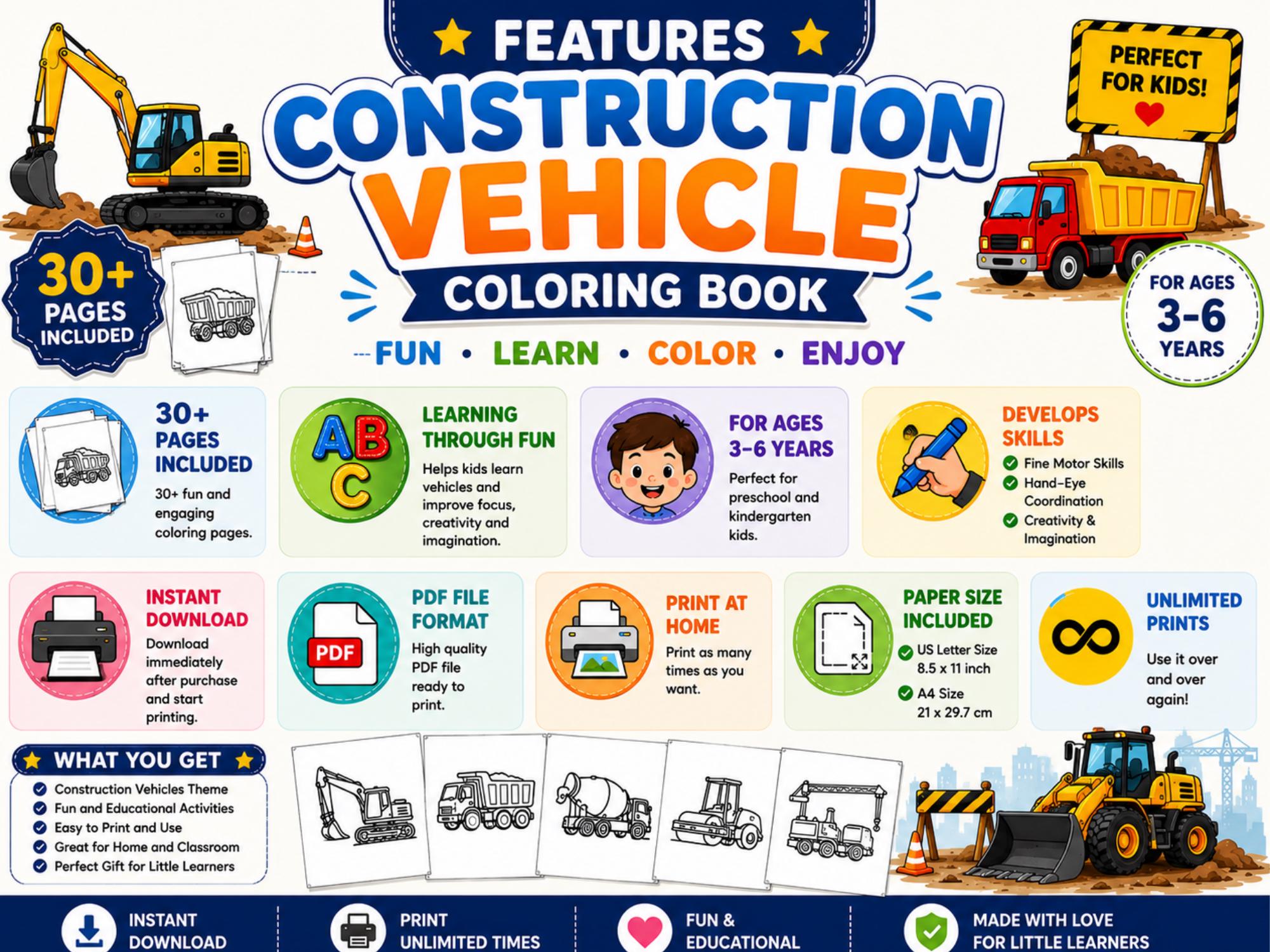 Construction Vehicle Coloring Book, Excavator Dump Truck, Kids Activity ...