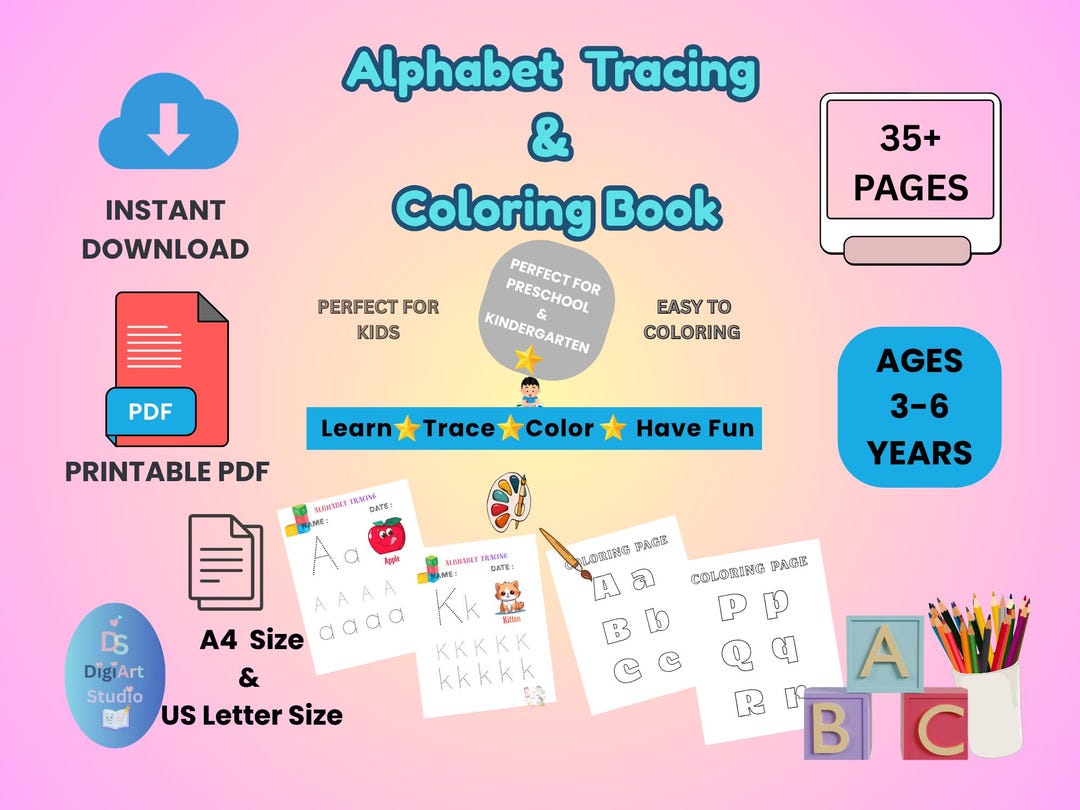 Alphabet Tracing and Coloring Book, Preschool Printable PDF (instant ...