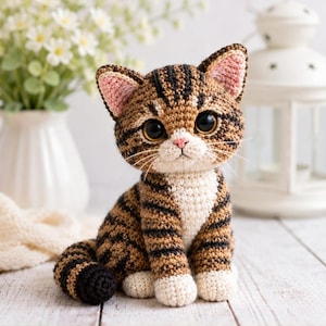 Può includere: Una statuetta di gatto tigrato all'uncinetto realizzata con filato a righe marroni e nere, con petto e zampe bianche, grandi occhi neri in plastica, un piccolo naso rosa e baffi bianchi. Il gatto è seduto con la coda ripiegata in avanti.