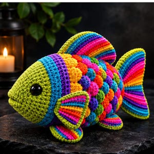 Puede incluir: Un juguete de pez tejido a ganchillo con una cabeza de color verde lima y un ojo negro, seguido de un cuerpo cubierto de escamas texturizadas multicolores en tonos morado, azul, naranja y verde. Las aletas y la cola tienen rayas de colores arcoíris.