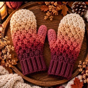 May include: A pair of crochet mittens featuring a gradient color pattern that transitions from a deep burgundy at the ribbed cuffs to a bright cream at the fingertips. The mittens are crafted with a textured stitch pattern throughout the hand.