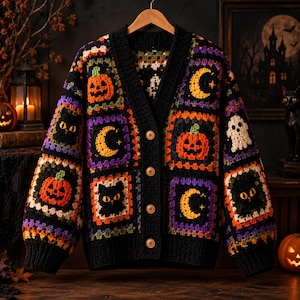 May include: A long-sleeve crochet cardigan featuring a black base with colorful granny square motifs. The squares display orange pumpkins, yellow crescent moons, black cats, and white ghosts. It has a V-neckline and four light brown buttons.