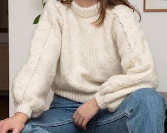 Modello PDF per maglione Above Clouds / Maglione oversize lavorato dall'alto verso il basso / Modello per maniche in pizzo vaporose / Pullover da donna comodo fai da te