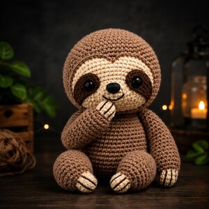 Pode incluir: Uma bicho-preguiça de pelúcia feita em crochê com cabeça redonda, marcas faciais em bege claro, manchas castanho-escuras ao redor dos olhos e olhos pretos. O corpo é de fio castanho médio com garras bege claro nas mãos e pés.