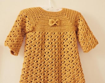 Modello PDF per vestito all'uncinetto con fiocco color senape, modello per vestito da bambina, vestito all'uncinetto per neonata, vestito per neonata in stile vintage, download immediato
