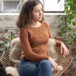 May include: A brown knit sweater with a textured diamond pattern on the yoke. The long-sleeved sweater is made of a soft material and is paired with blue jeans. The sweater is a comfortable and stylish garment.