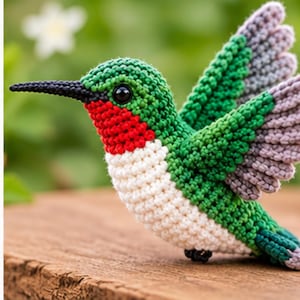 Puede incluir: Una figura de colibrí tejida a ganchillo con cabeza y espalda de color verde vibrante, un parche de garganta rojo brillante, pecho blanco y alas con texturas de hilo en capas verdes y moradas claras. El ave tiene un pico negro largo y fino y un ojo negro.