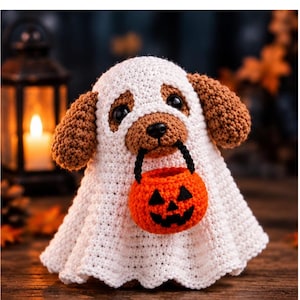 May include: A brown and white crocheted dog plush toy wearing a white ghost costume. The dog has black eyes and a black nose, and it is holding a small orange crocheted pumpkin bucket with a black jack-o'-lantern face in its mouth.
