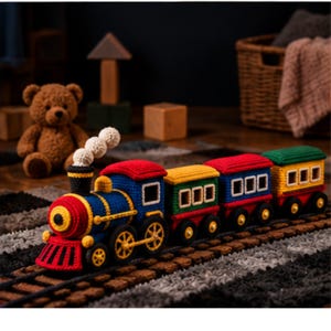 Pode incluir: Um comboio de brinquedo de croché multicolorido composto por uma locomotiva e três carruagens de passageiros acopladas. O comboio apresenta um esquema de cores azul, vermelho, amarelo e verde com nuvens de fumo brancas a sair da chaminé preta.