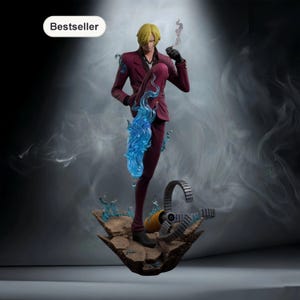 May include: A figurine of a character in a burgundy suit, with blonde hair, and a cigarette. The figure is posed with one leg raised, surrounded by blue flame effects. The base is a rocky platform with mechanical details.
