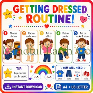Può includere: Un colorato cartellone educativo intitolato Getting Dressed Routine! che mostra cinque passaggi numerati con illustrazioni di bambini che si vestono. Include una sezione suggerimenti, un elenco di articoli necessari come maglietta, pantaloni, calzini e scarpe, e testo A4 più US Letter.