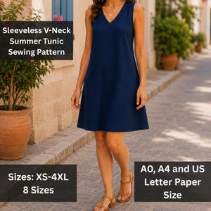 Peut inclure: Une robe tunique bleu marine sans manches avec un col en V. Le texte sur l'image indique : Sleeveless V-Neck Summer Tunic Sewing Pattern, Sizes: XS-4XL 8 Sizes, et A0, A4 and US Letter Paper Size. La robe présente une coupe droite simple.