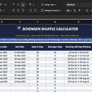 May include: A Microsoft Excel spreadsheet screenshot, titled "Schengen Shuffle Calculator", tracking travel days within the 90/180 day Schengen rule. The spreadsheet displays entry and exit dates, days in stay, and status indicators for various countries.