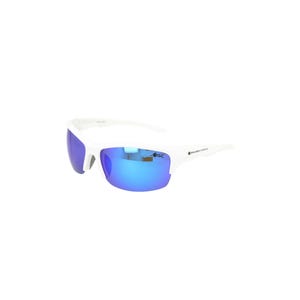 Pode incluir: Óculos de sol brancos com lentes espelhadas azuis. Os óculos têm um design desportivo com uma armação branca espessa. As lentes refletem um tom azul. A marca "GC" é visível na lateral da armação.