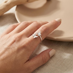 Damen Schmetterling Ring Silber Offen Verstellbar Wasserfest vergoldet Frauen Sommer Sommerschmuck Ringe Tierchen stylisch modern goldener