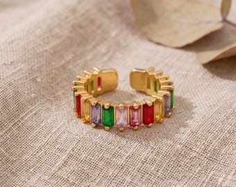 Anello in oro 18 carati da donna, con zirconi cubici, regolabile, disponibile nei colori rosso, verde, rosa, oro multicolore, giallo, bianco e arcobaleno, in acciaio inossidabile.